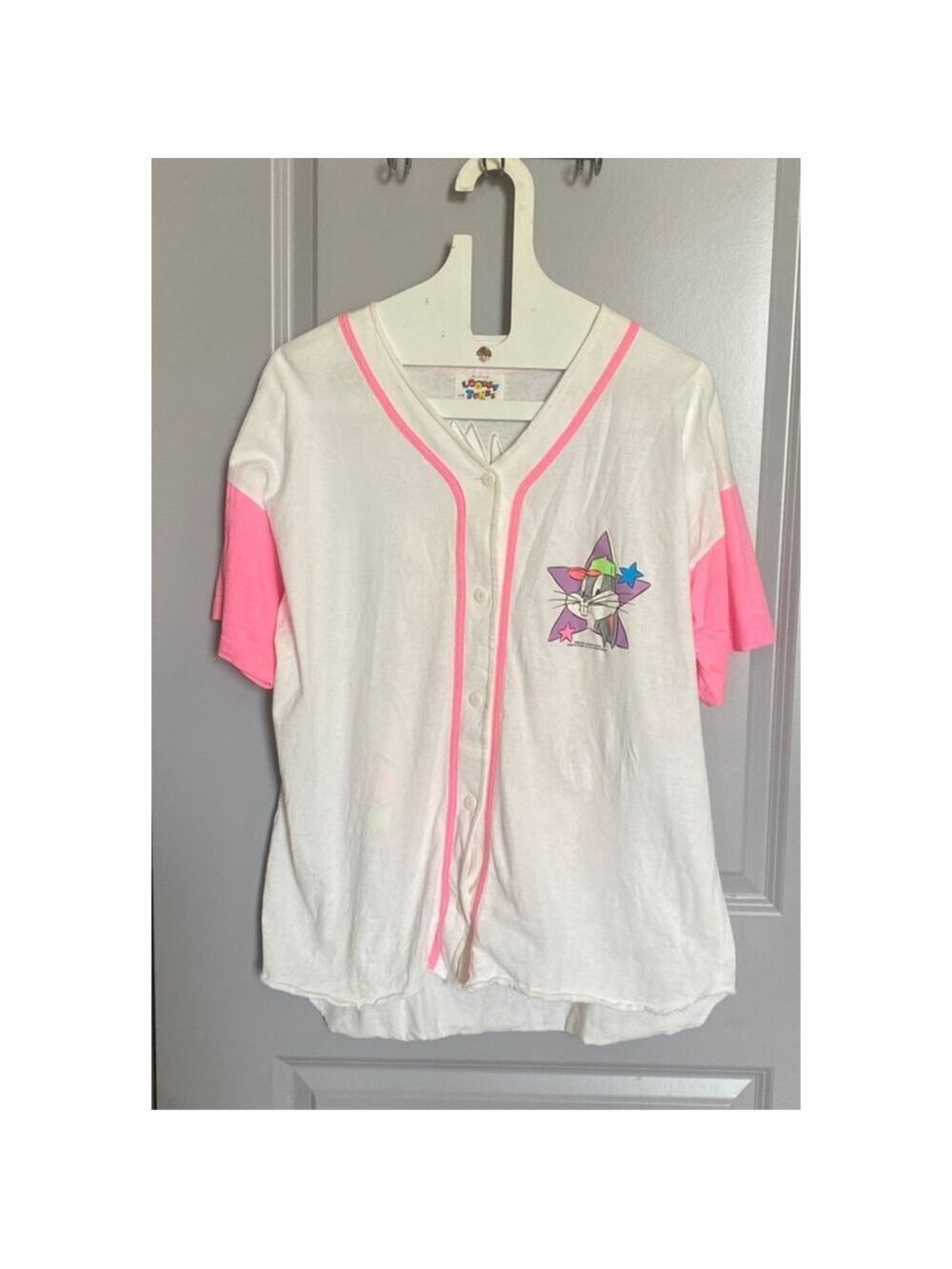 Women's Looney Tunes Bugs Bunny Baseball Jersey L White Pink Vintage 1995